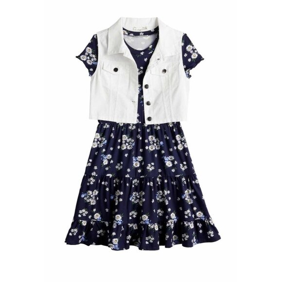 Knitworks Girls Floral Dress With White Denim Vest‎ - Size 7 - Picture 1 of 3